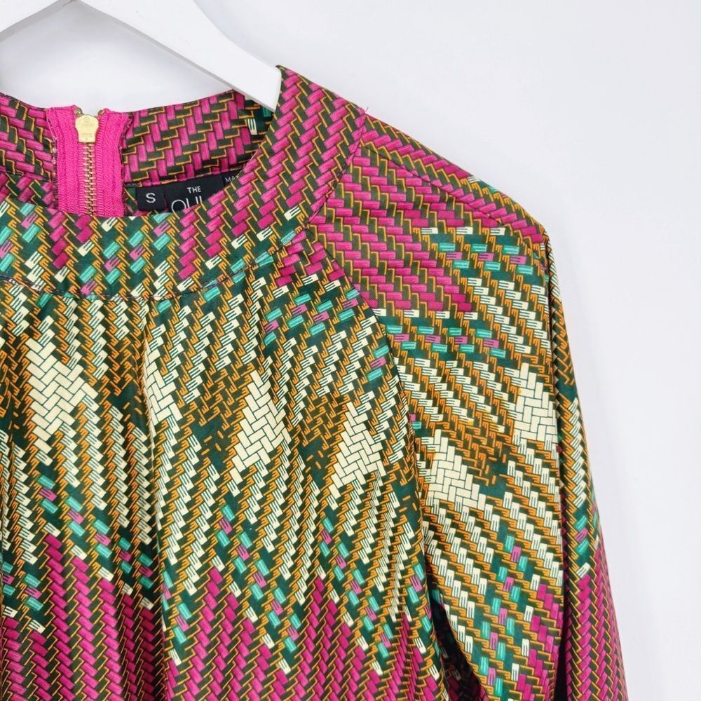 The Oula 3/4‎ Sleeve Trapeze Dress Pink Gold Green Geometric Print Rear Zip S - Picture 2 of 6